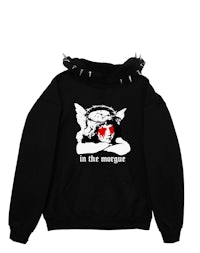 a black hoodie with an image of a woman holding a heart